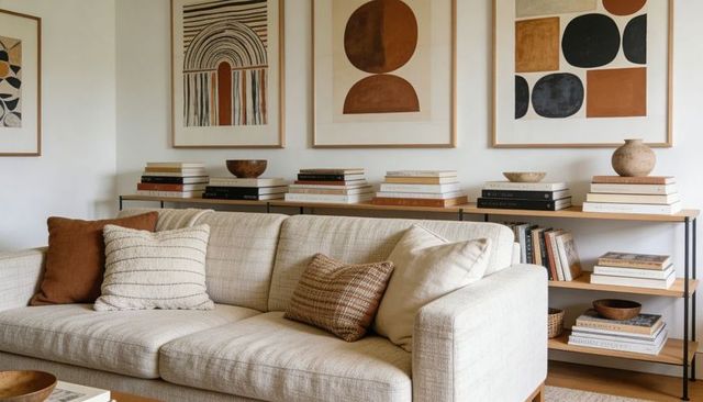 Cozy Neutral Living Room with Beige Sofa, Textured Pillows and Open Shelving in Warm Earth Tones