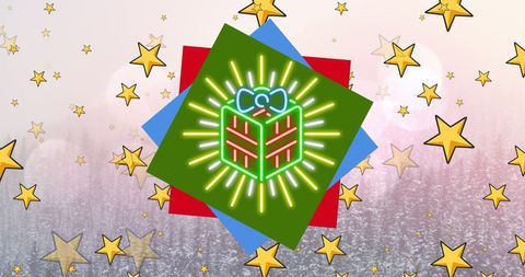 Neon Christmas Gift Icon with Festive Stars in Background