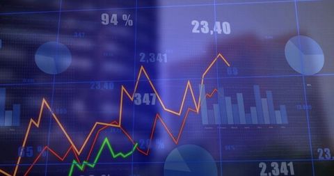 Financial dashboard updating with rising colorful line charts and bar graphs on blue grid
