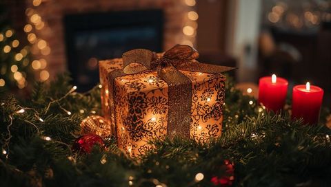 Glowing Ornate Gift Box on Festive Mantel Surrounded by Garland, Fairy Lights and Candlelight