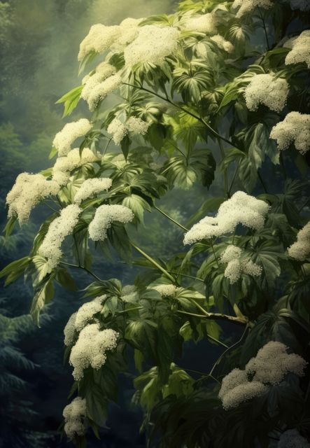 Elderberry tree with white flowers in garden, created using generative ai technology. Elderberry tree, summer and nature concept digitally generated image.