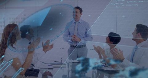 Presenting Executive Leading Applauding Team in Futuristic Glass Boardroom with Digital HUD