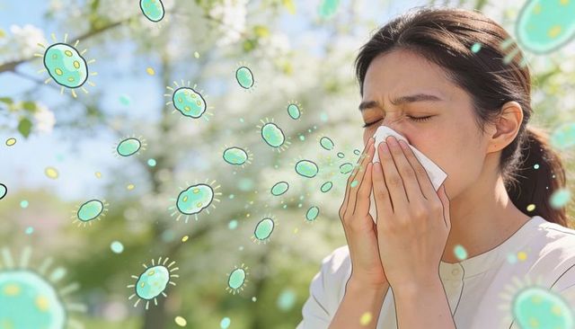 Asian woman sneezing into tissue in spring blossom park surrounded by pollen particles