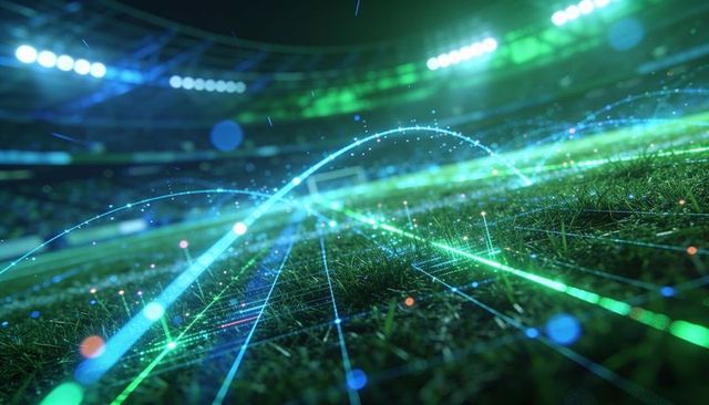 Futuristic stadium pitch showing neon data trails, particle arcs and dynamic turf analytics