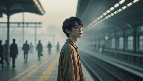 Contemplative teen standing on train platform in urban atmosphere - shy concept