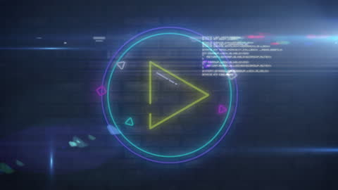 Futuristic Neon Play Icon with Digital Data