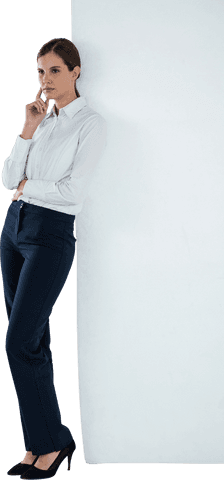 Pensive businesswoman leaning in professional attire on transparent background