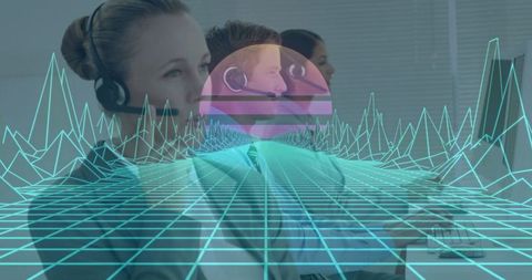 Call center team working with futuristic data overlay