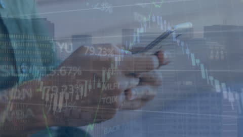 Hands Using Smartphone with Overlay of Financial Data Graphs