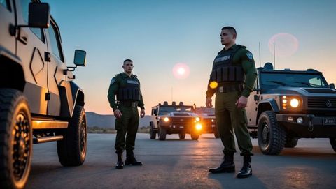 Two tactical officers performing sunset patrol with armored vehicles
