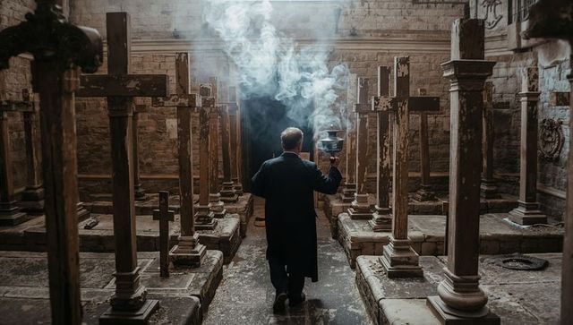 Priest walking through crypt swinging thurible, incense rising among stone crosses