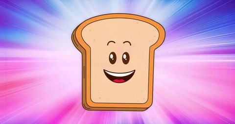 Smiling cartoon bread slice mascot glowing on vibrant pink purple radial background