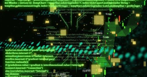 Displaying neon data overlay merging code lines, candlestick finance charts and numeric analytics
