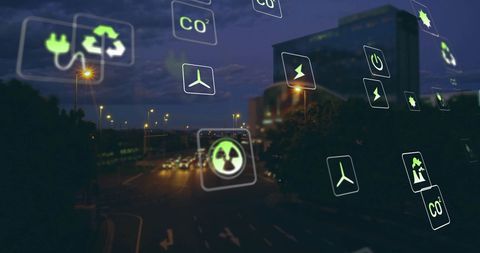 Digital Eco Symbols with Cityscape at Dusk - Download Free Stock Images Pikwizard.com