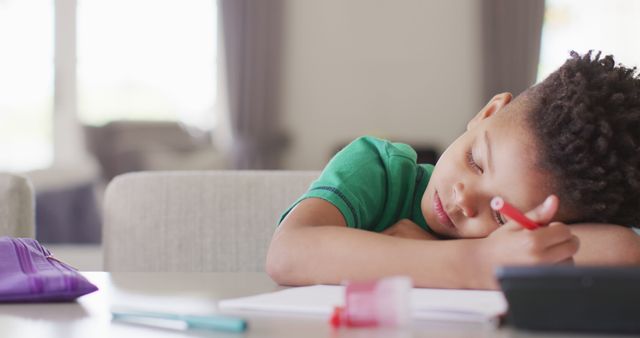 Boy appears tired while studying at desk with school supplies around. Perfect for illustrating themes of childhood education, academic challenges, and student fatigue. Useful for blogs, articles on education and student life, awareness campaigns on study stress, and educational material design.