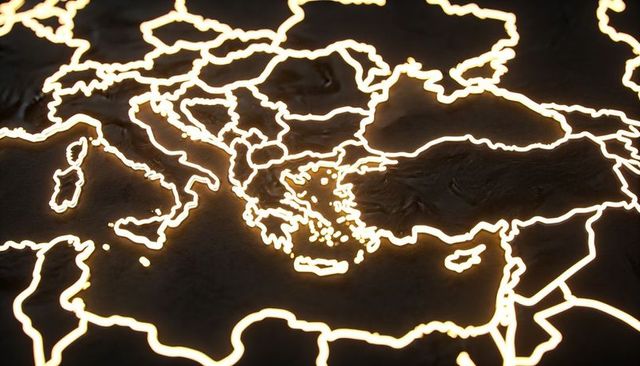 Glowing stylized map tracing greece and italy coastlines with illuminated island dots