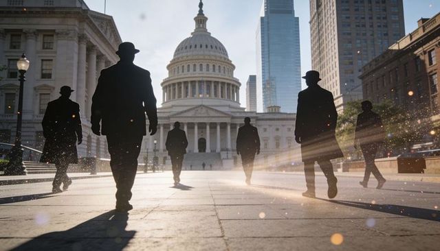 Silhouetted men in fedoras crossing capitol plaza, retro noir cityscape with sun flare