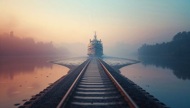 Ferry moored on railroad causeway at dawn reflecting serenity