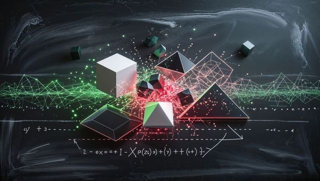 Abstract geometric shapes and chalkboard math formula