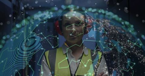 Technician Monitoring Digital Network in Data Center with Futuristic Interface