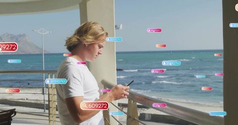 Person Relaxing on Balcony Using Smartphone with Online Connectivity Icons