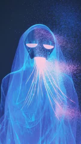 Holographic Masked Figure Emitting Neon Filaments in Dark Cyber Void Vertical Video