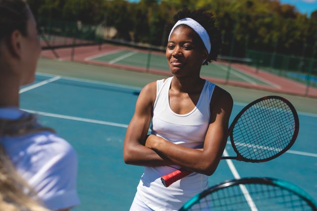 Smiling african american female tennis player with arms crossed looking at caucasian athlete - Download Free Stock Photos Pikwizard.com