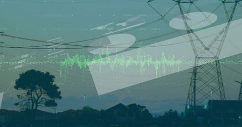 Transmission tower with digital data overlay at town outskirts