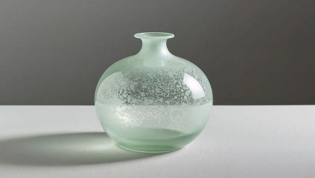 Mint globular glass vase with mottled frosted pattern on minimalist white table