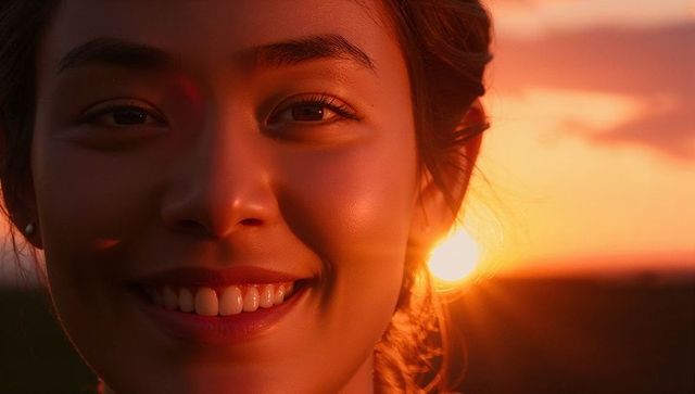 Smiling woman glowing at sunset with glossy skin, rim light and warm lens flare