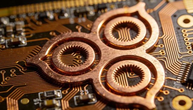 Copper three-ring contact revealing serrated inner teeth on printed circuit board