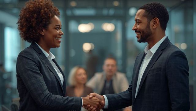 Business Professionals Shaking Hands in Modern Conference Room