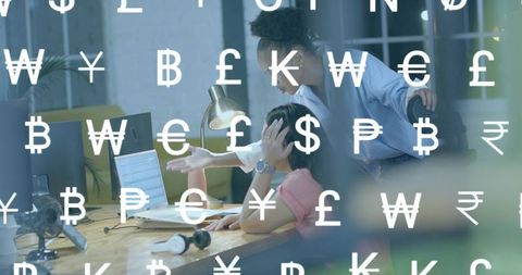 Pointing woman guiding coworker at laptop in coworking office with currency symbol overlay