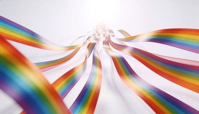 Flowing rainbow ribbons converging toward radiant light glossy abstract colorful streams