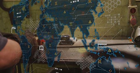 Technician Tightening Vise on Workbench with Augmented Reality HUD and Global Map Overlay