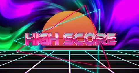 Retro high score neon sign against vivid geometric background
