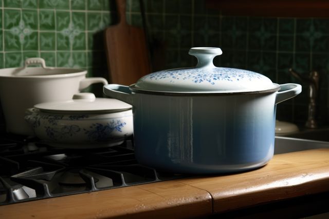 A vintage blue pot sits on a stove, evoking a homey feel. It's a glimpse into a cozy kitchen, where traditional cookware hints at family meals.