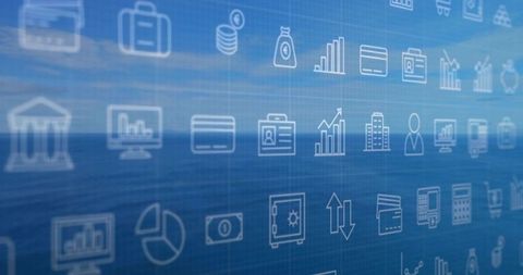 Visualizing fintech analytics with floating finance icons on blue digital grid interface