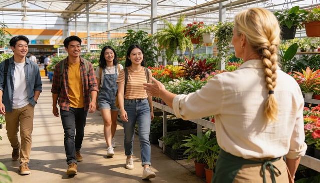 Young group browsing greenhouse plants with friendly staff guiding plant choices