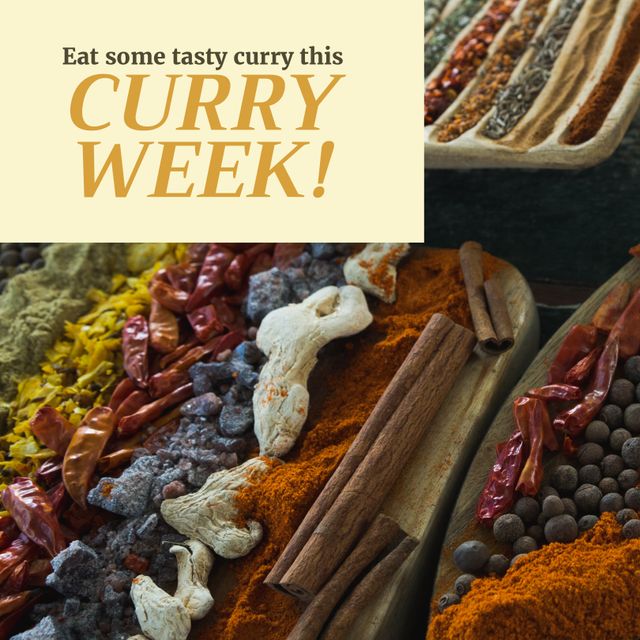 Image of curry week over diverse oriental spices. Indian cuisine, food, curry and spices concept.