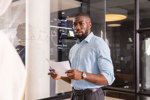 Business professional presenting ideas on glass whiteboard