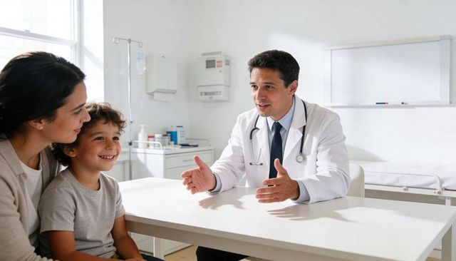 Pediatrician consulting smiling child and mother in bright clinic for family healthcare and wellness
