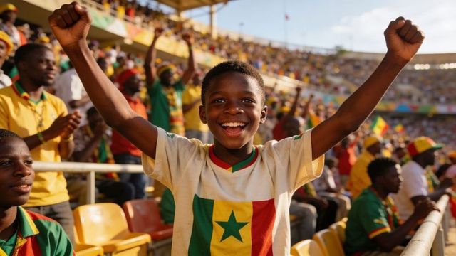Young senegal fan cheering and raising fists in stadium celebrating football victory
