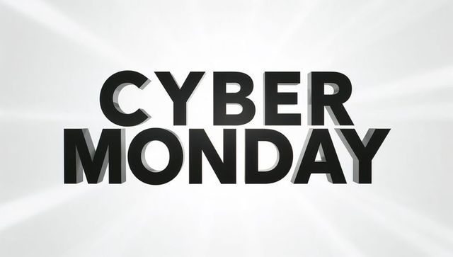 Bold 3d cyber monday typographic banner featuring radial light beams minimal modern design