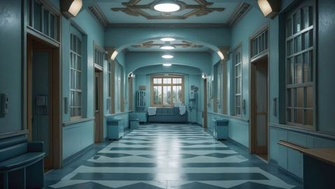 Empty mental institution corridor with minimalist design and tiled floor