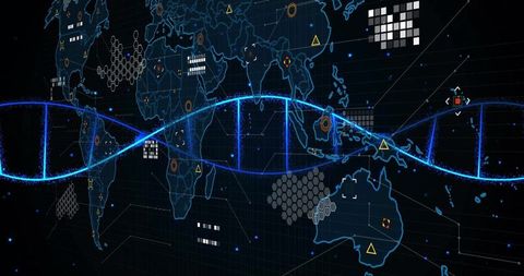 Futuristic global technology with dna and world map visualization