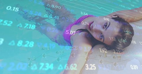 Woman Relaxing in Pool with Data Overlay Presentation