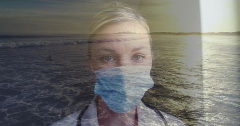 Double exposure medical professional with coastal sunset