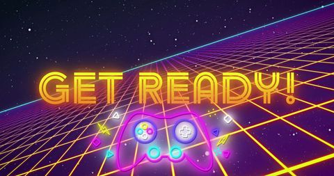 Retro futuristic gaming vibes with neon grid and game controller