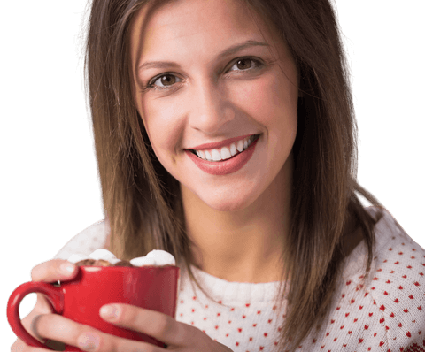 Cheerful Woman with Hot Drink and Bright Smile Transparent Background